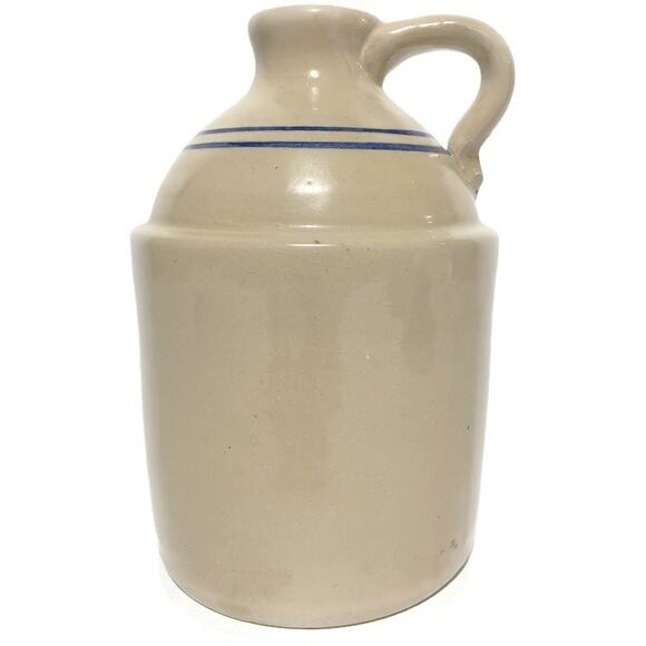 Stoneware Whiskey Jug Crock Beige With Blue Stripes 8.25" Tall - Picture 2 of 6